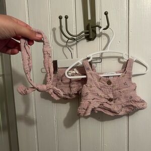 Emily + Oliver 0/3m purple & pink floral matching peplum tank top & shorts set